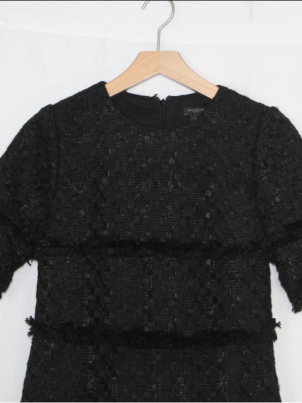 Ann Taylor black tweed frayed trim flared sleeve shift mini dress - Picture 4 of 13